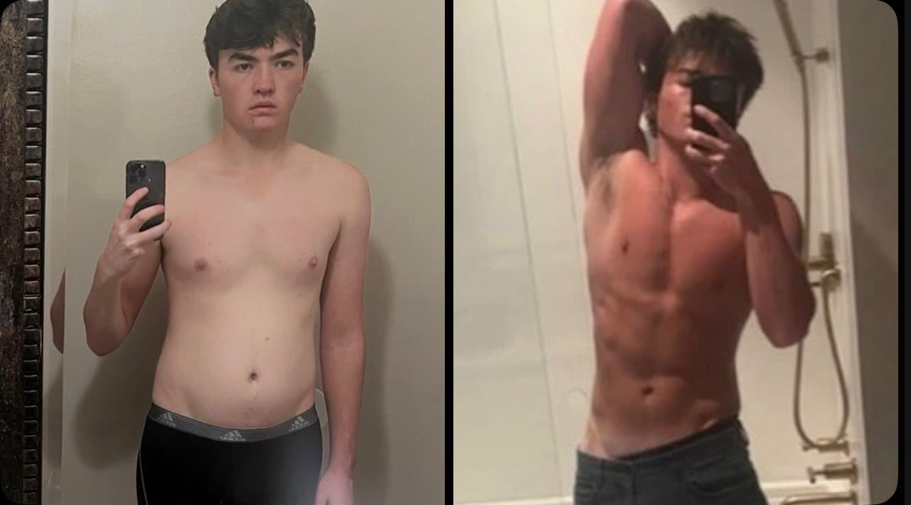 Ben, 19: before with a softer midsection, after six months with a lean, defined torso