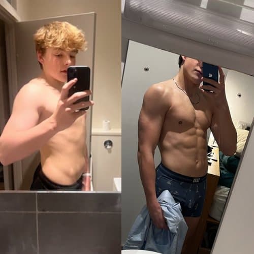 Before with a softer frame, and one year later with a lean, muscular torso