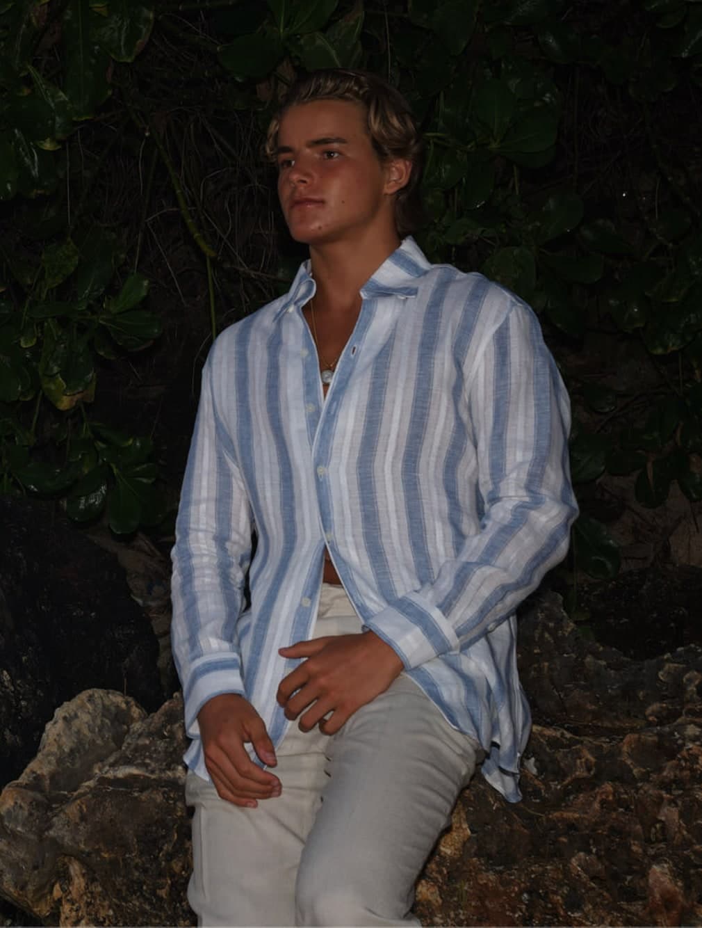 Fred in a blue striped linen shirt, sitting on rocks in front of dark foliage
